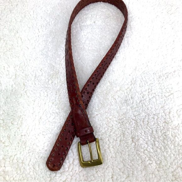 Brown Leather Brass Buckle Perforated Weave Belt - Picture 4 of 9